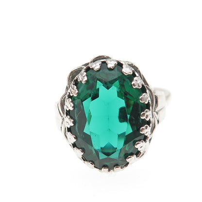 Diadema Sterling Silver Antique Art Deco Oval-Cut Green Glass Crown Ring Size 6
