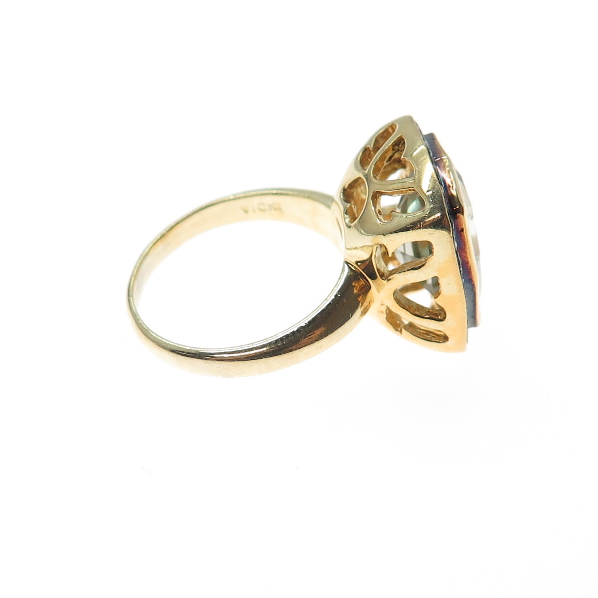 925 Sterling Silver Gold Plated Real Diamond & Green Amethyst Ring Size 5.75