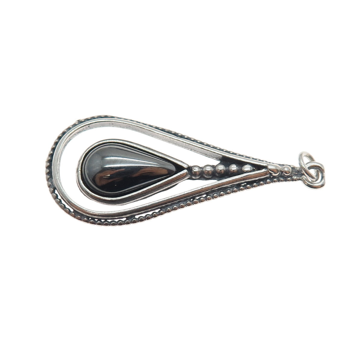 925 Sterling Silver Vintage Real Hematite Teardrop Oxidized Charm Pendant