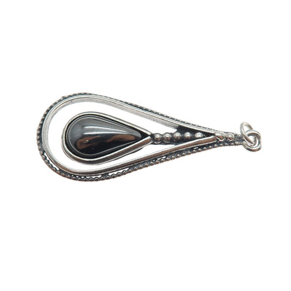 925 Sterling Silver Vintage Real Hematite Teardrop Oxidized Charm Pendant