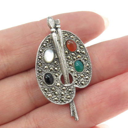 925 Sterling Silver Vintage MOP Black Onyx Carnelian Tourmaline Gem Pin Brooch