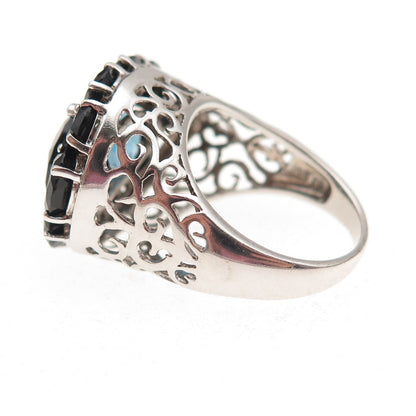 925 Sterling Silver Real London Blue Topaz & Black Spinel Ring Size 6