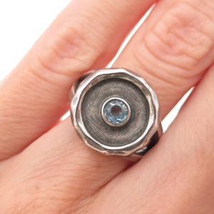Satya 925 Sterling Silver Vintage Real Blue Topaz Modernist Oxidized Ring Size 6