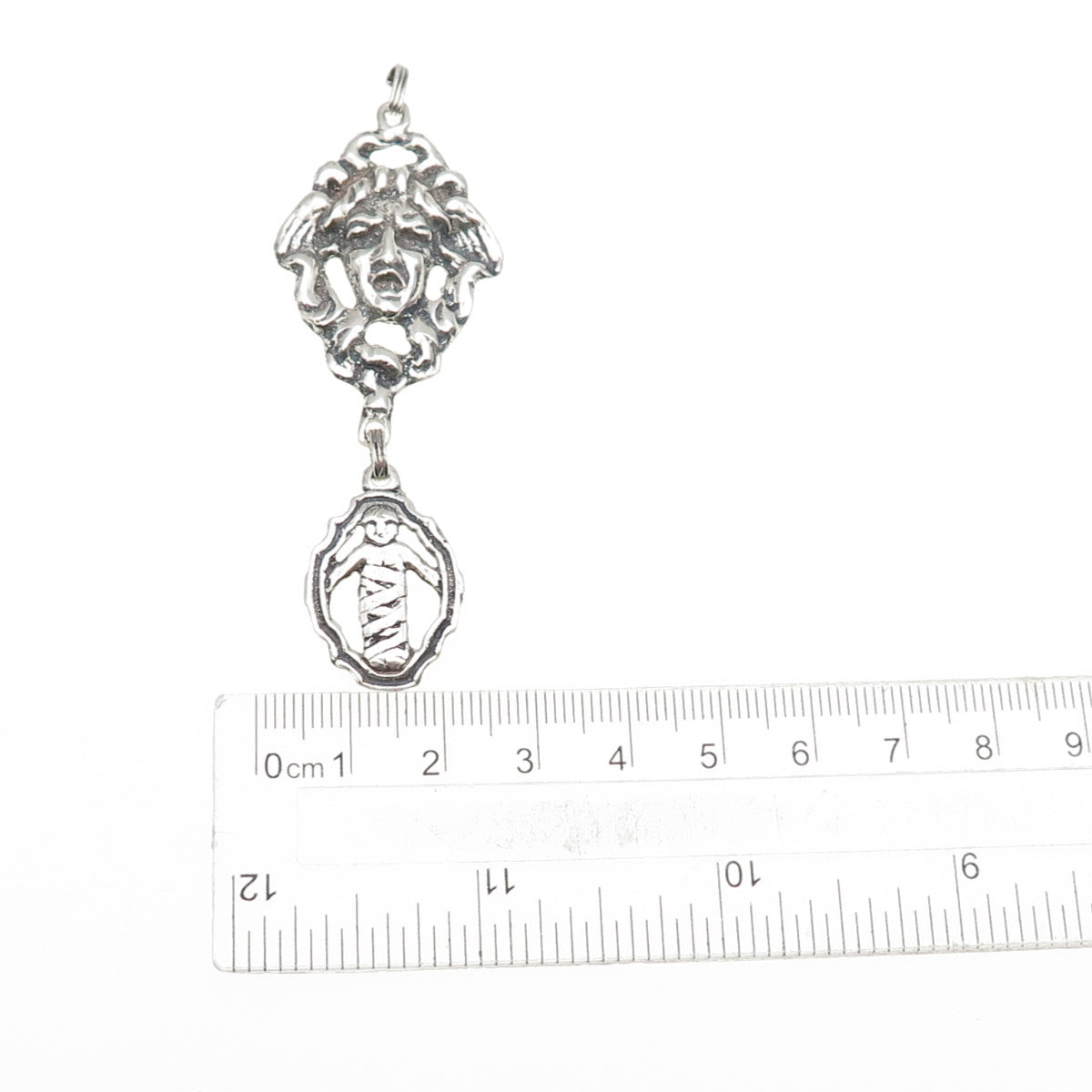 925 Sterling Silver Antique Art Deco Jesus & Cherub Oxidized Pendant