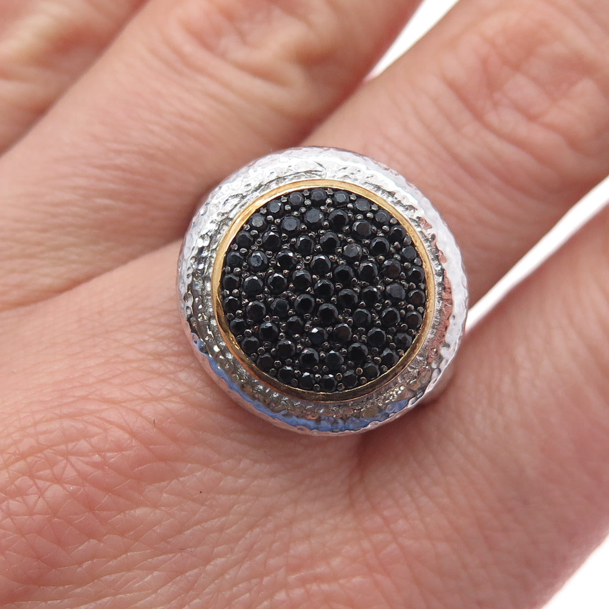 925 Sterling Silver 2-Tone Real Round-Cut Black Spinel Hammered Ring Size 10