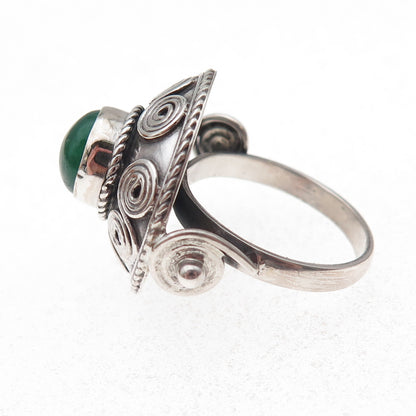 925 Sterling Silver Vintage Real Green Onyx Spiral Dome Oxidized Ring Size 8