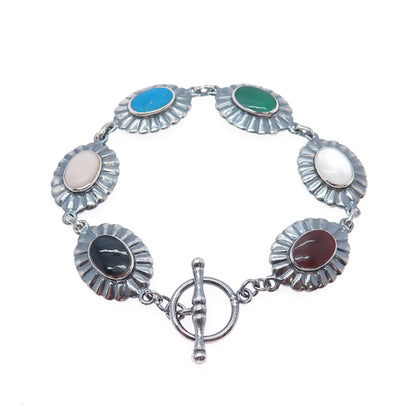 925 Sterling Vintage Turquoise Carnelian Black & Green Onyx MOP Bracelet 6.5"