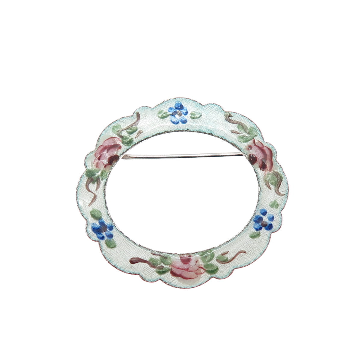 LAMODE 925 Sterling Silver Antique Art Deco Enamel Rose Flower Circle Pin Brooch