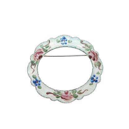 LAMODE 925 Sterling Silver Antique Art Deco Enamel Rose Flower Circle Pin Brooch