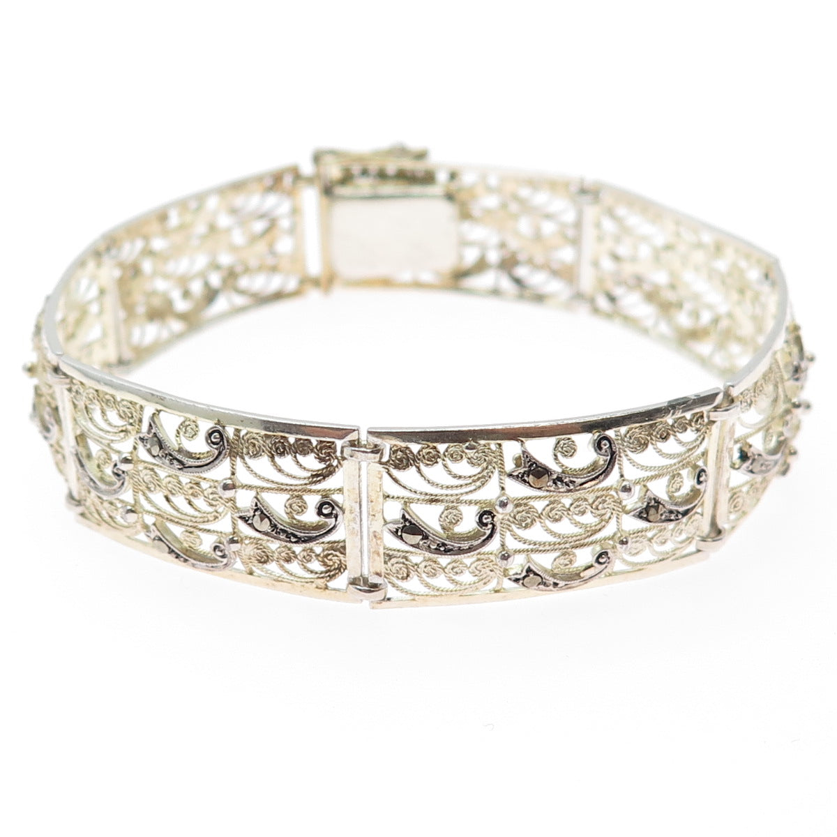 800 Silver Gold Plated Antique Art Deco Real Marcasite Filigree Bracelet 7.25"