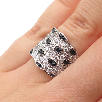 925 Sterling Silver Real Round-Cut Black Spinel & White Topaz Ring Size 6.25