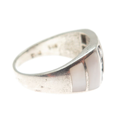 925 Sterling Silver Vintage Real MOP & Round-Cut C Z Ring Size 8