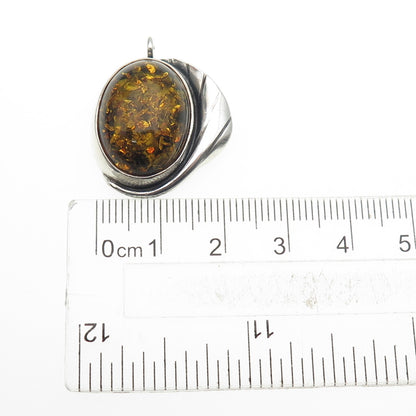 925 Sterling Silver Vintage Real Amber Modernist Floral Oxidized Charm Pendant
