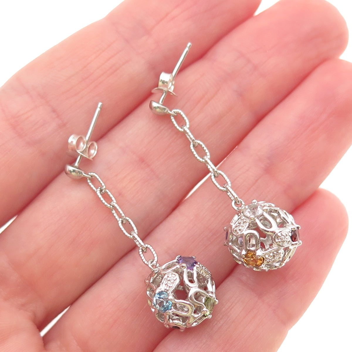 925 Sterling Real Amethyst Topaz Peridot Citrine & Garnet Ball Dangle Earrings