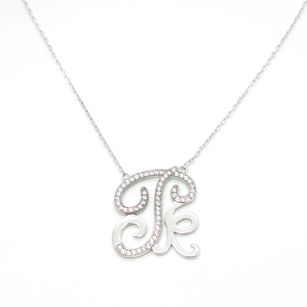 925 Sterling Silver Round-Cut C Z Letter "T" Ornate Cable Chain Necklace 16-18"