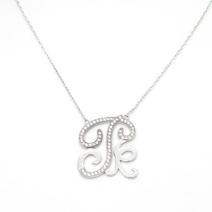925 Sterling Silver Round-Cut C Z Letter "T" Ornate Cable Chain Necklace 16-18"