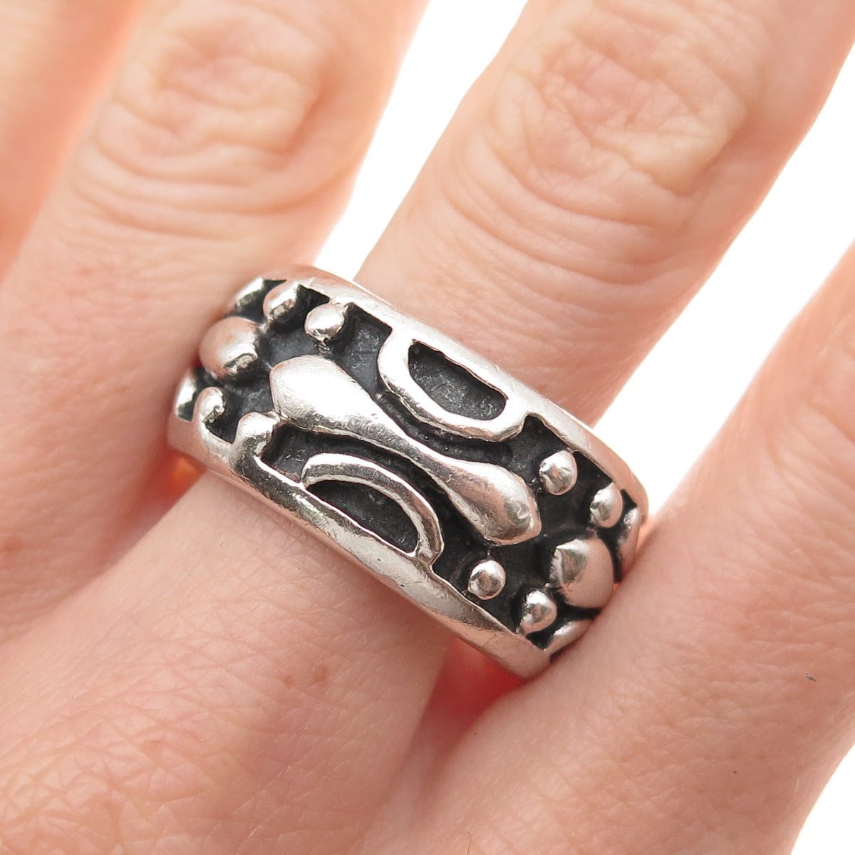 925 Sterling Silver Vintage Modernist Oxidized Wide Band Ring Size 11.25