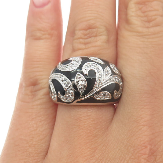 925 Sterling Silver ADI Enamel & White C Z Floral Dome Ring Size 6