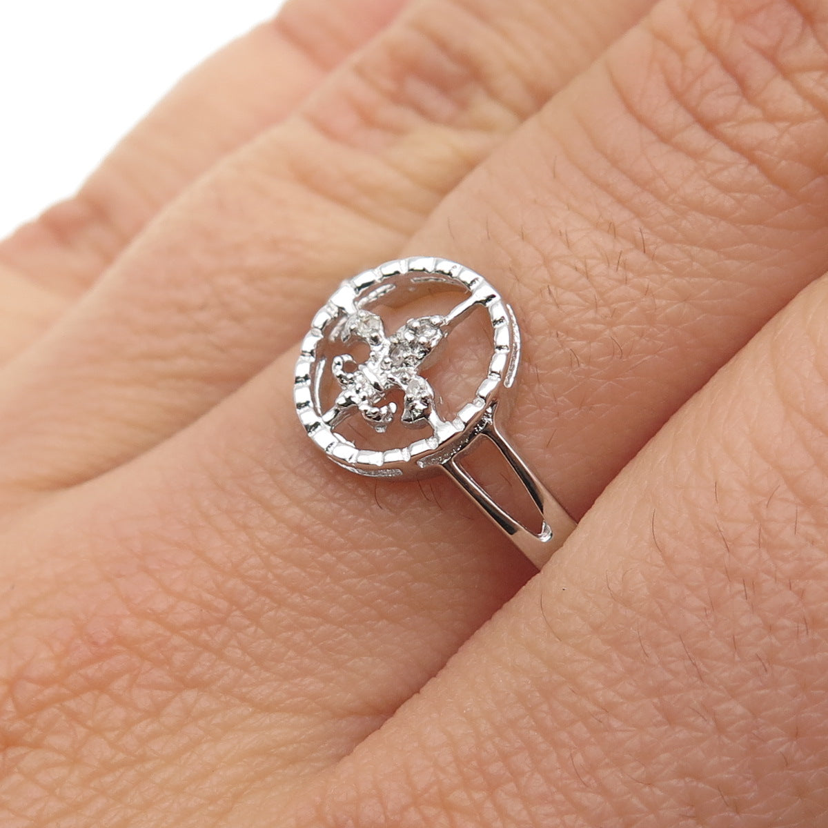 925 Sterling Silver Real Round-Cut Diamond Fleur de Lis Ring Size 8