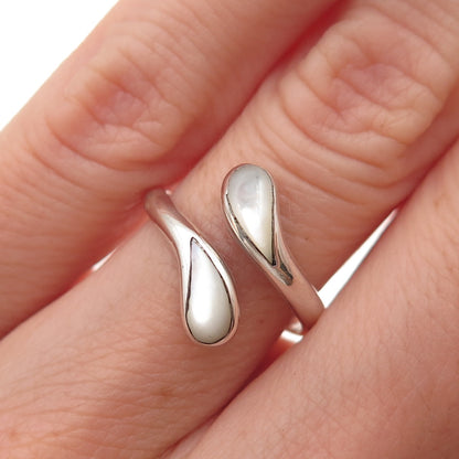 925 Sterling Silver Vintage Real MOP Oxidized Adjustable Bypass Ring Size 5