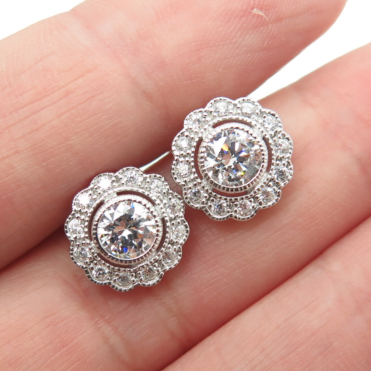 925 Sterling Silver Round-Cut C Z Flower Stud Earrings