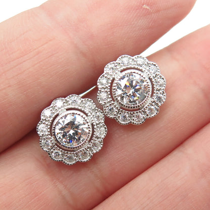 925 Sterling Silver Round-Cut C Z Flower Stud Earrings