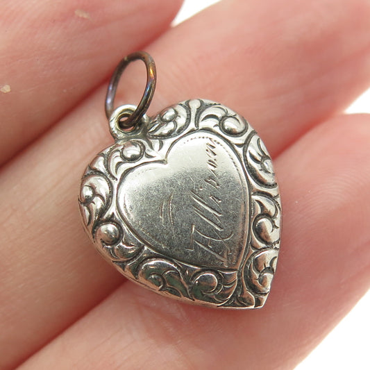 925 Sterling Silver Antique Art Deco Repousse Heart Chatelaine Charm Pendant