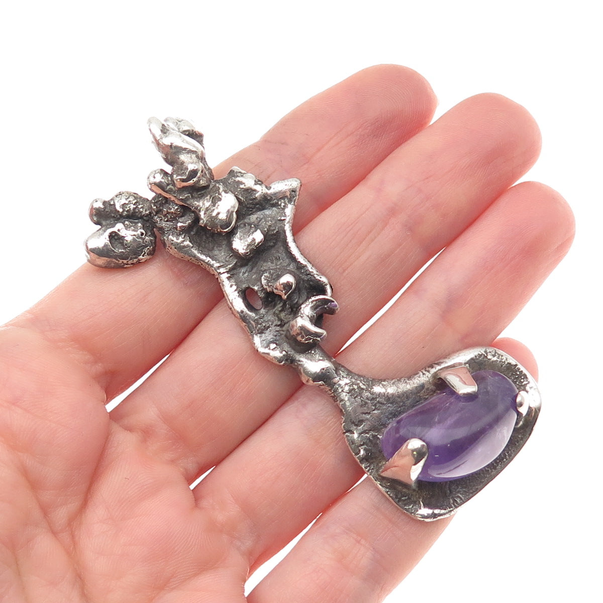 925 Sterling Silver Vintage Real Amethyst Modernist Nugget Slide Pendant