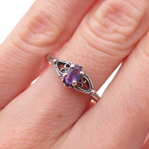 925 Sterling Silver Vintage Real Amethyst Heart Oxidized Ring Size 5.75