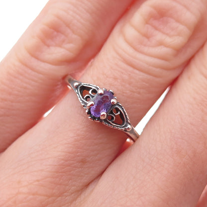 925 Sterling Silver Vintage Real Amethyst Heart Oxidized Ring Size 5.75