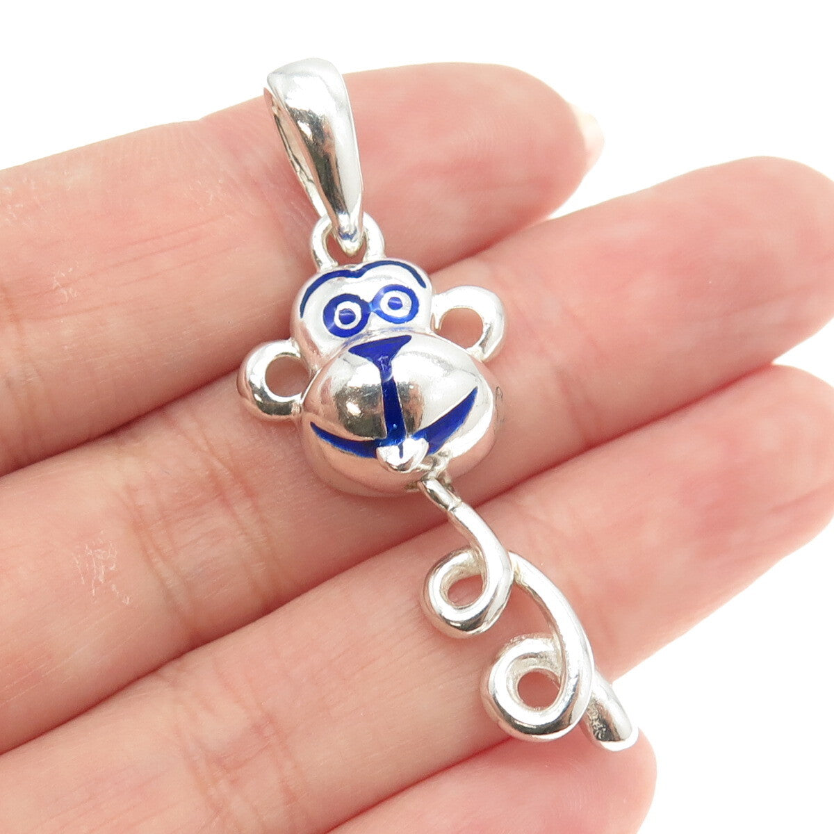 925 Sterling Silver Vintage Italy Blue Enamel Monkey Pendant