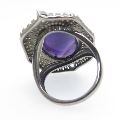 925 Sterling Silver Black Rhodium Vintage Amethyst Moonstone & Topaz Ring Size 7