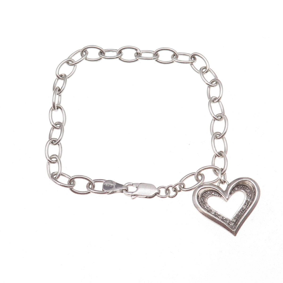 925 Sterling Silver Vintage Dangle Heart Oxidized Oval-Link Bracelet 7"