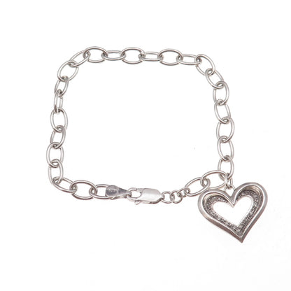 925 Sterling Silver Vintage Dangle Heart Oxidized Oval-Link Bracelet 7"