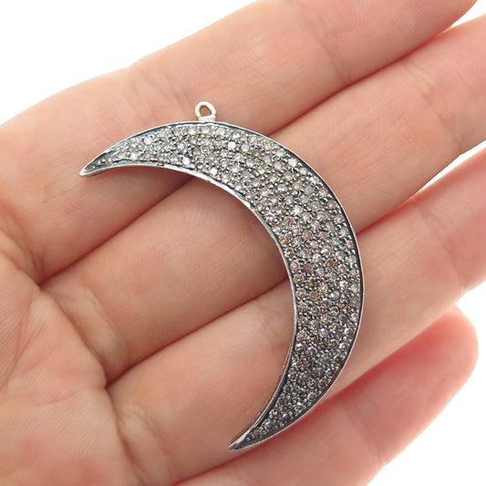925 Sterling Silver Real Round-Cut Diamond Crescent Moon Oxidized Pendant