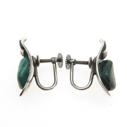 925 Sterling Silver Antique Art Deco Real Malachite Claw Screw Back Earrings