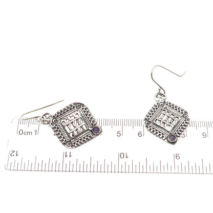 925 Sterling Silver Vintage Real Amethyst Modernist Oxidized Dangle Earrings