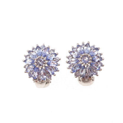 Chuck Clemency 925 Sterling Silver Real Tanzanite Floral Omega Back Earrings