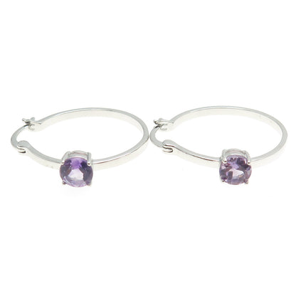 925 Sterling Silver Real Amethyst Gemstone Hinged Hoop Earrings