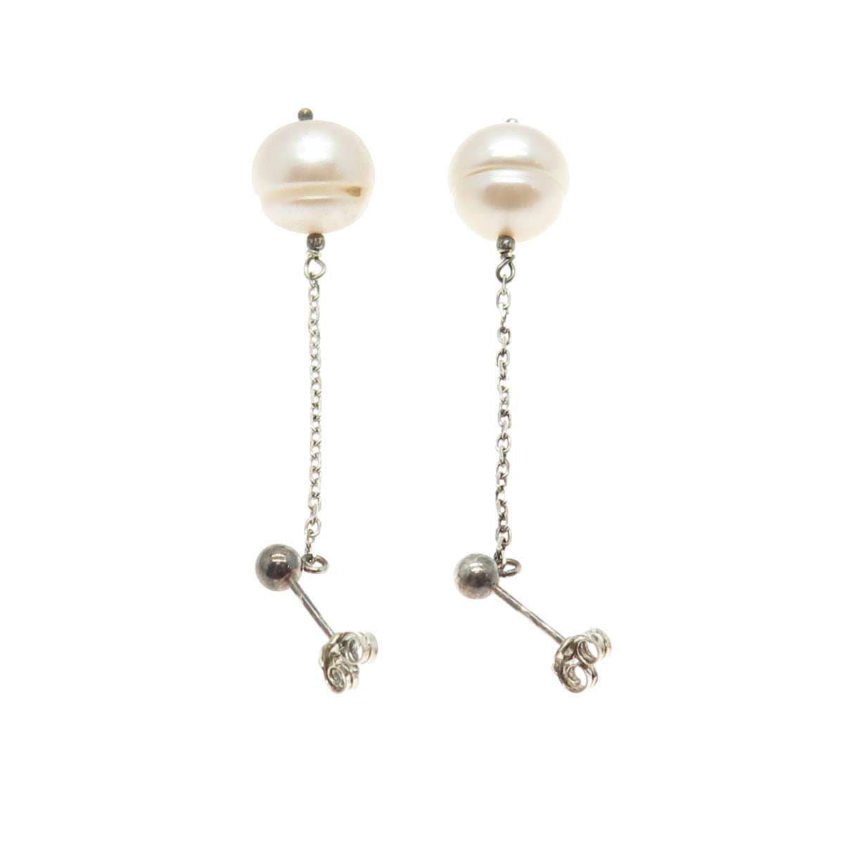 925 Sterling Silver Vintage Real Pearl Chain Drop Dangle Earrings