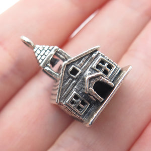 925 Sterling Silver Antique Art Deco Old Church Minimalist 3D Charm Pendant