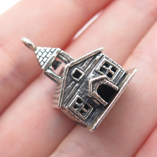 925 Sterling Silver Antique Art Deco Old Church Minimalist 3D Charm Pendant