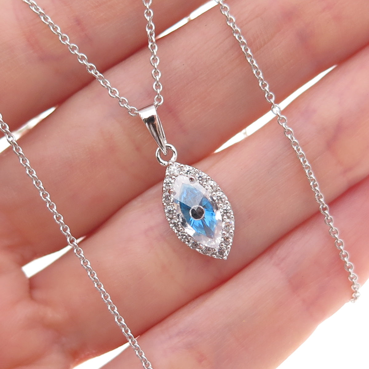 925 Sterling Silver Blue White & Black C Z Evil Eye Cable Chain Necklace 18"