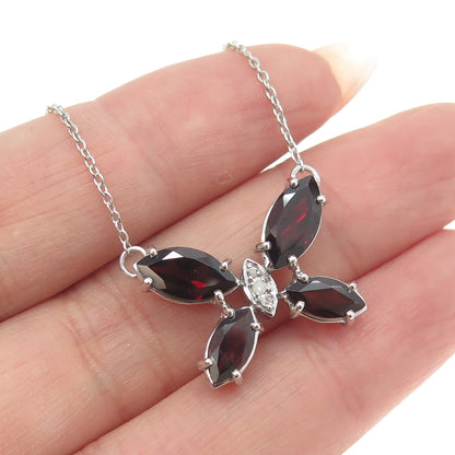 925 Sterling Silver Real White Diamond & Red Garnet Gem Butterfly Necklace 18"