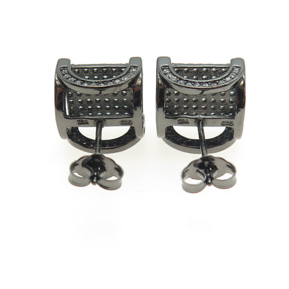 925 Sterling Silver Round-Cut C Z Black Rhodium Stud Earrings