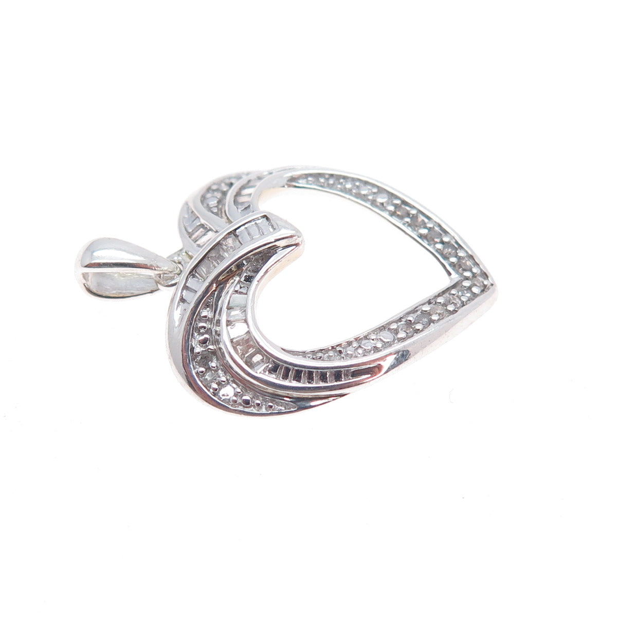 HAN Sterling Silver Real Round & Tapered Baguette-Cut Diamond Heart Mini Pendant