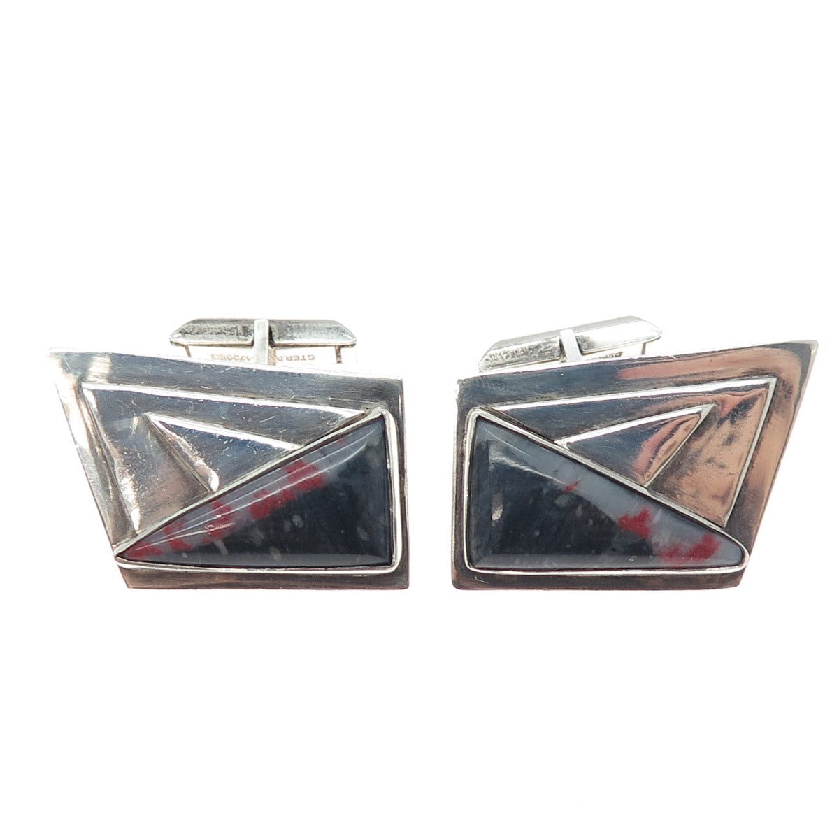 925 Sterling Silver Vintage Real Bloodstone Modernist Oxidized Cufflinks