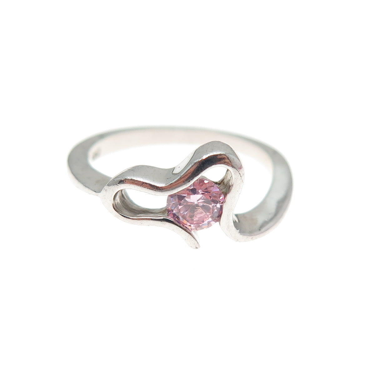 925 Sterling Silver Round-Cut Pink C Z Modernist Heart Ring Size 6.25
