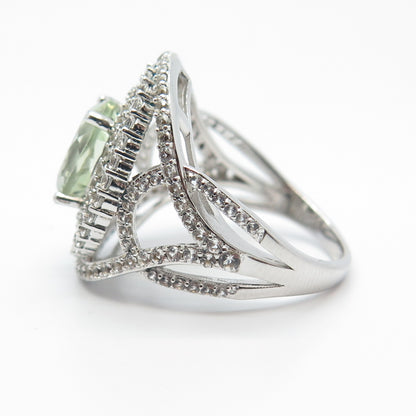 925 Sterling Silver Real Green Amethyst & White Topaz Gem Ring Size 8