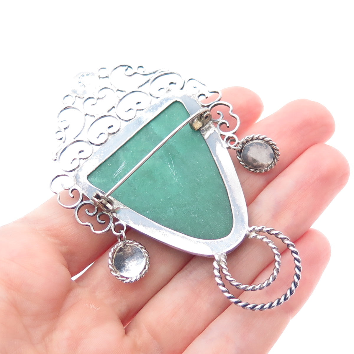 925 Sterling Silver Vintage Mexico Real Jade Aztec God Oxidized Pin Brooch